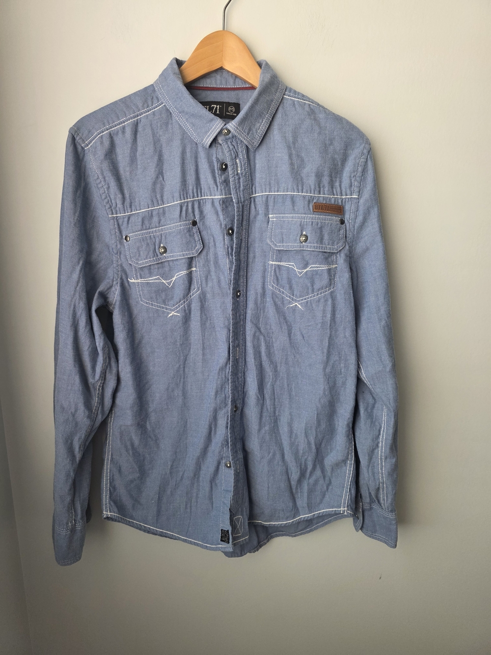 BTL71 Men's Light Blue Western Snap Button Chambray Shirt Cotton Size P/S